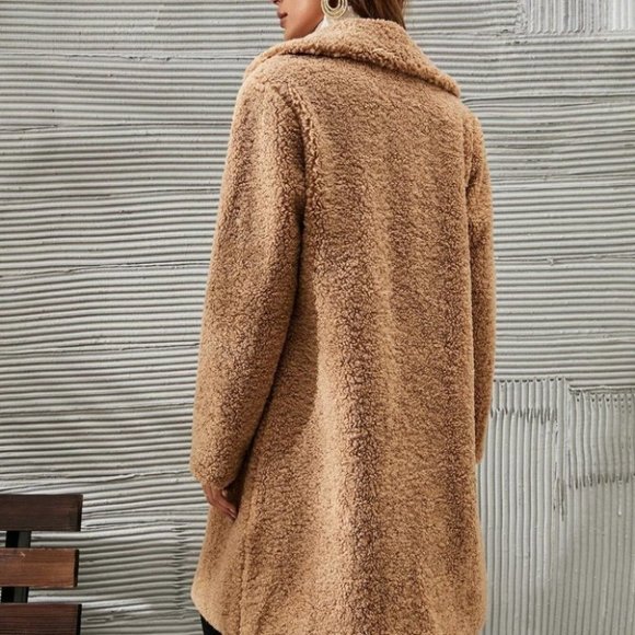 KHAKI OPEN FRONT TEDDY COAT FALL WINTER CONTEMPORARY CHIC STREETWEAR - Picture 3 of 7